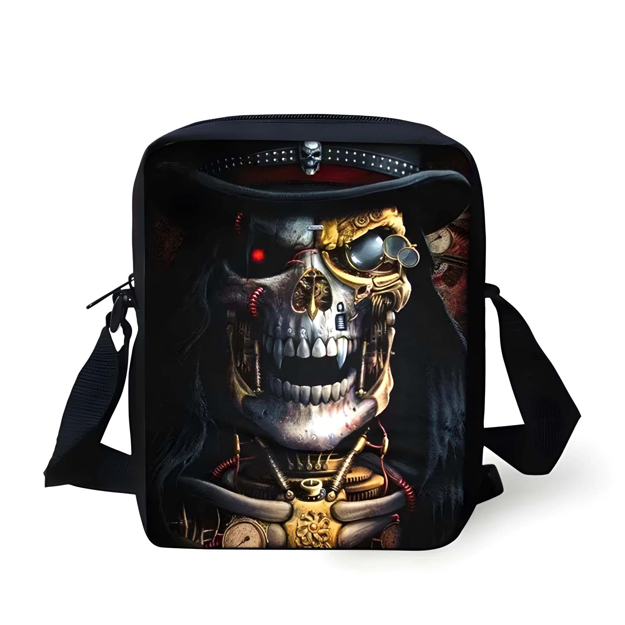 Children's medium messenger bag with skull design, showing adjustable straps and zip opening.