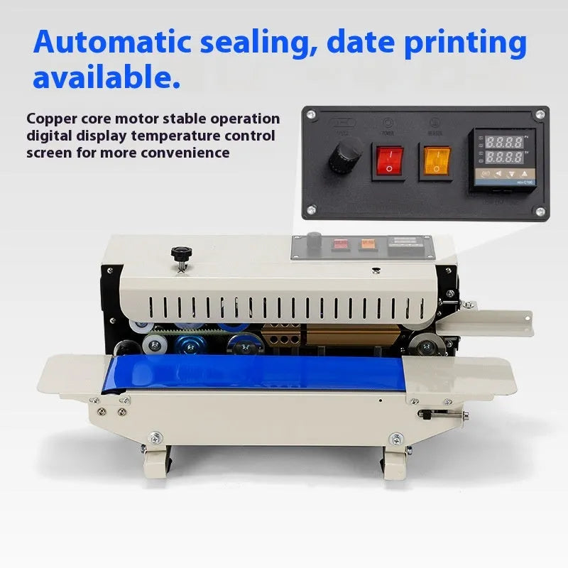 Compact manual sealing machine with date stamp on steel head, placed on a kitchen worktop.