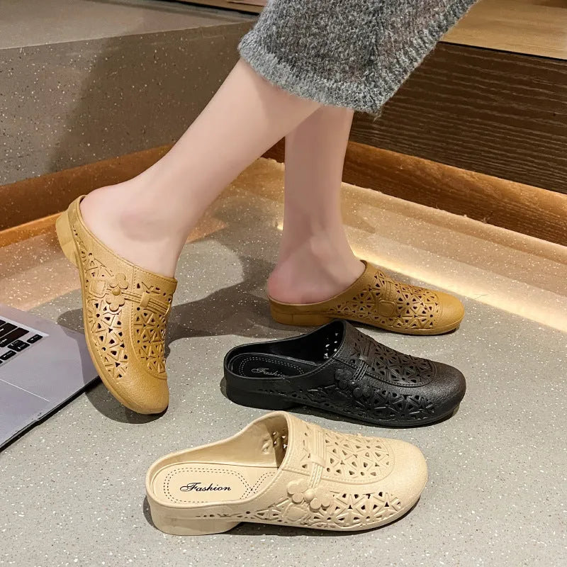 PVC flat toe box half slippers with hollow-out fairy style design in apricot colour.