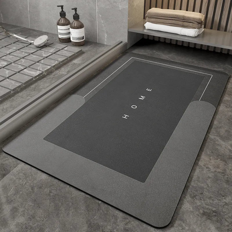Blended fabric bathroom floor mat in blue, grey, or green, available in oval or rectangular shapes
