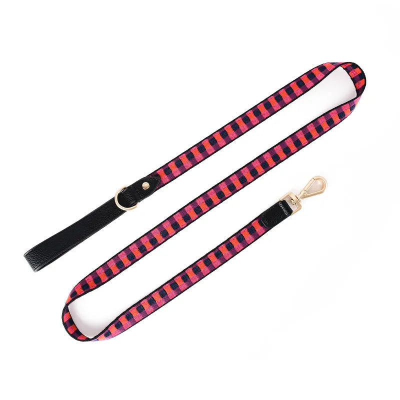 I-shaped pet chest harness traction rope set with collar and 150cm rope in leather rib fibre
