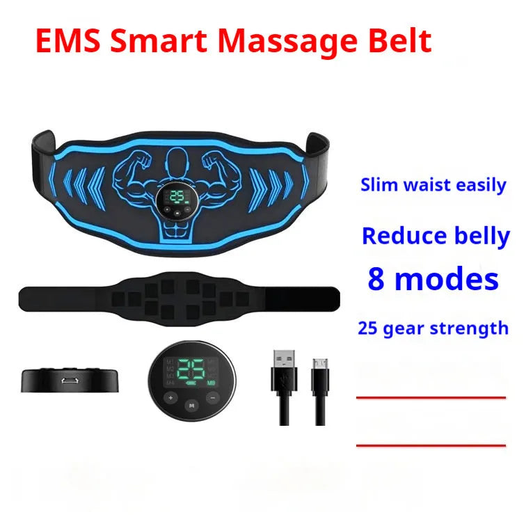 Blue and orange EMS smart massage belt with host unit, large electrode pad, and two smaller arm stickers on a grey background.
