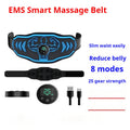 Blue and orange EMS smart massage belt with host unit, large electrode pad, and two smaller arm stickers on a grey background.