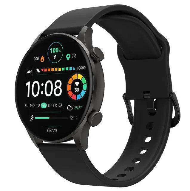 Black and white Bluetooth smartwatch on wrist showing heart rate and call functions on AMOLED display.