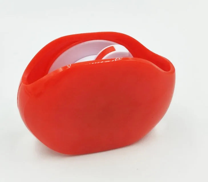Automatic earphone cable winder unit in blue showing retracted cable, next to a black unit for size comparison.