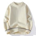 A grey men's loose round-neck pullover sweater with long sleeves on a hanger.