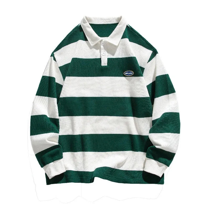 Hong Kong style striped lapel polo shirt in pearl cotton, shown in sapphire blue colour.