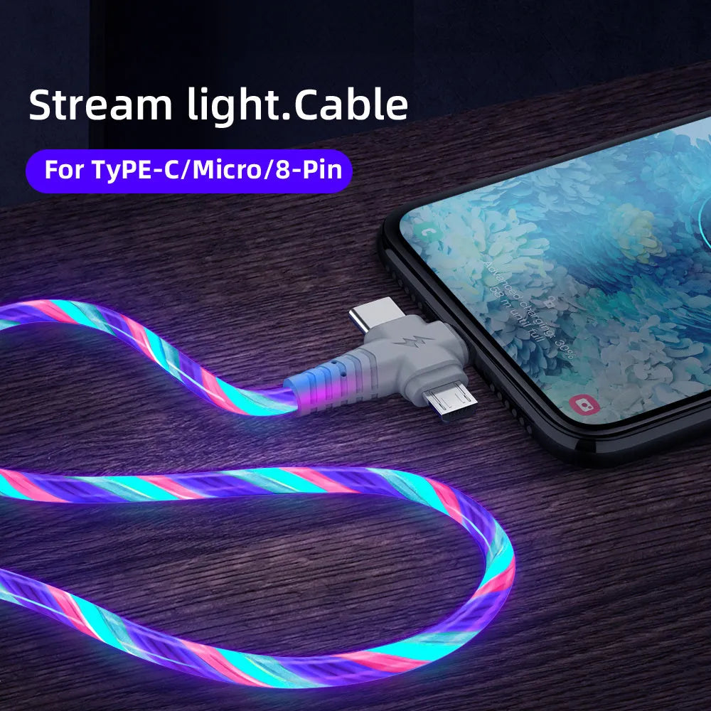 Three-in-one fast charging cable with luminous streamer and aluminium alloy connectors