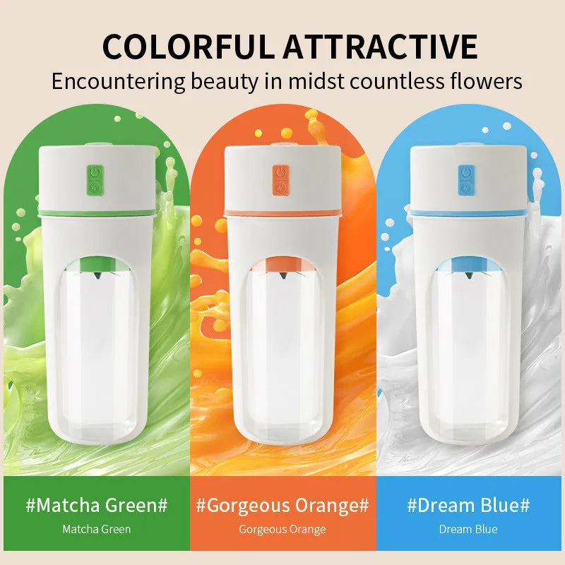 Blue portable USB rechargeable electric juicer and blender with 400ml cup on a kitchen counter.