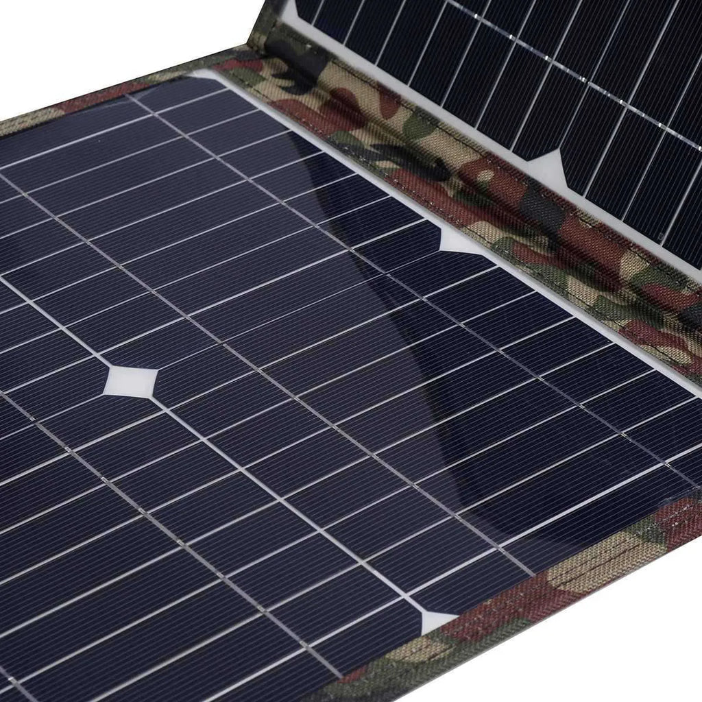 Black foldable 36W portable solar panel unfolded, showing three solar cells and included charging accessories.