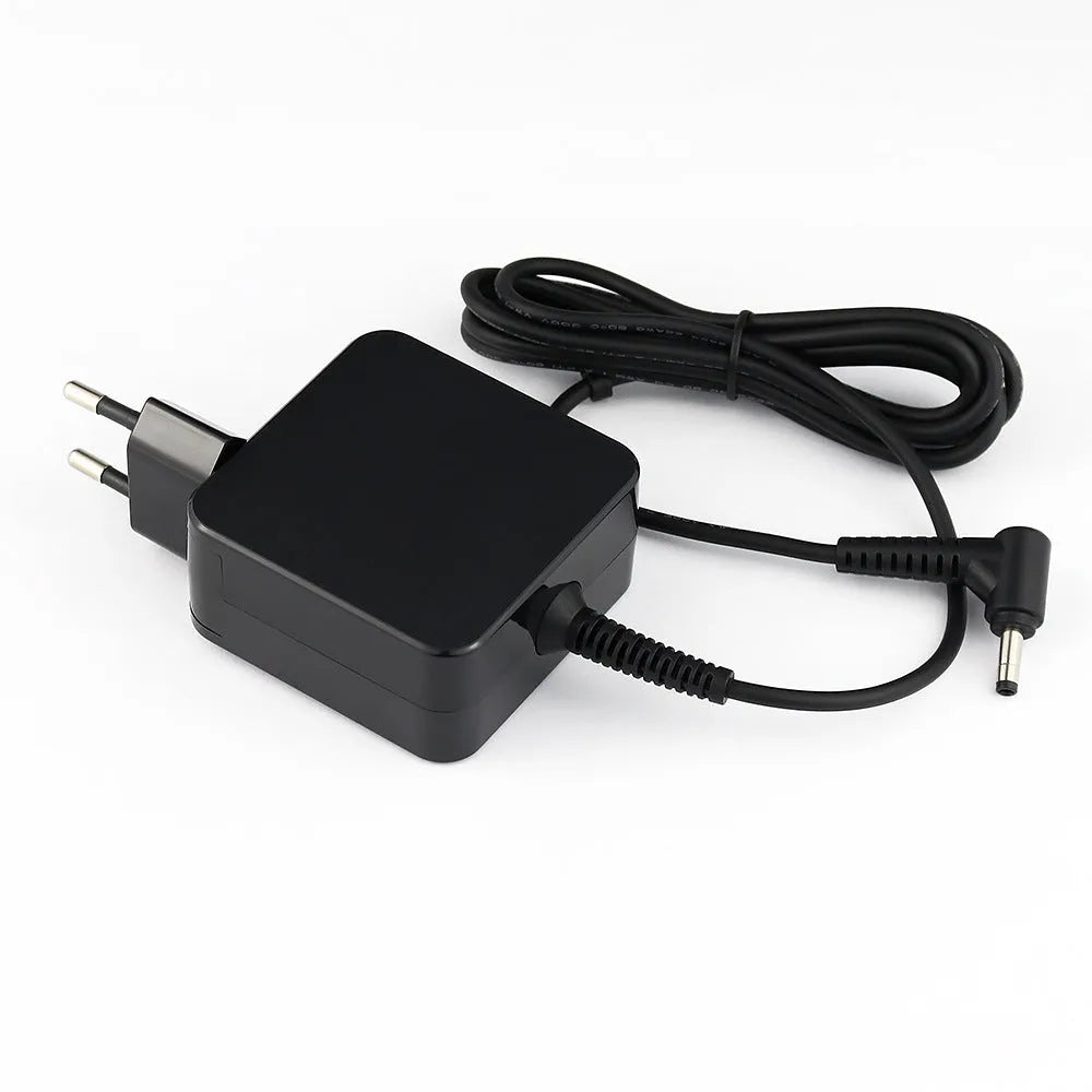 Black Hua 45W laptop adapter with US and EU plug options showing compact dimensions