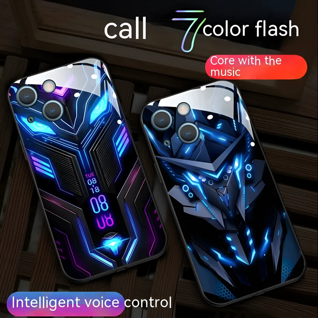 Glass phone case with light-emitting mech cartoon design for Apple iPhone