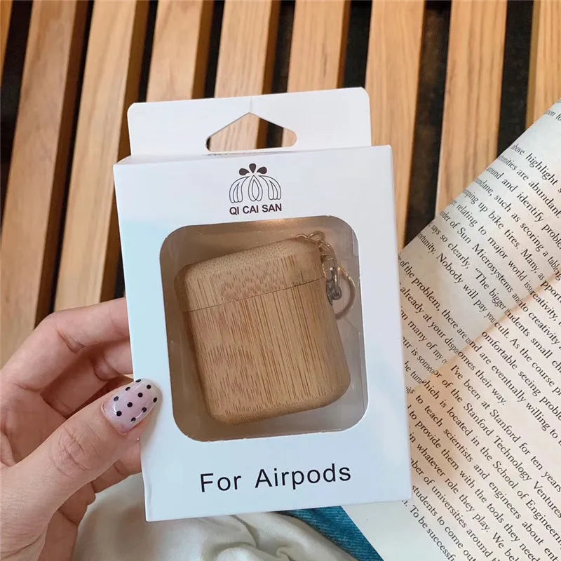 Bamboo AirPods cover with carbonised wood grain finish for generation 1 and 2 models