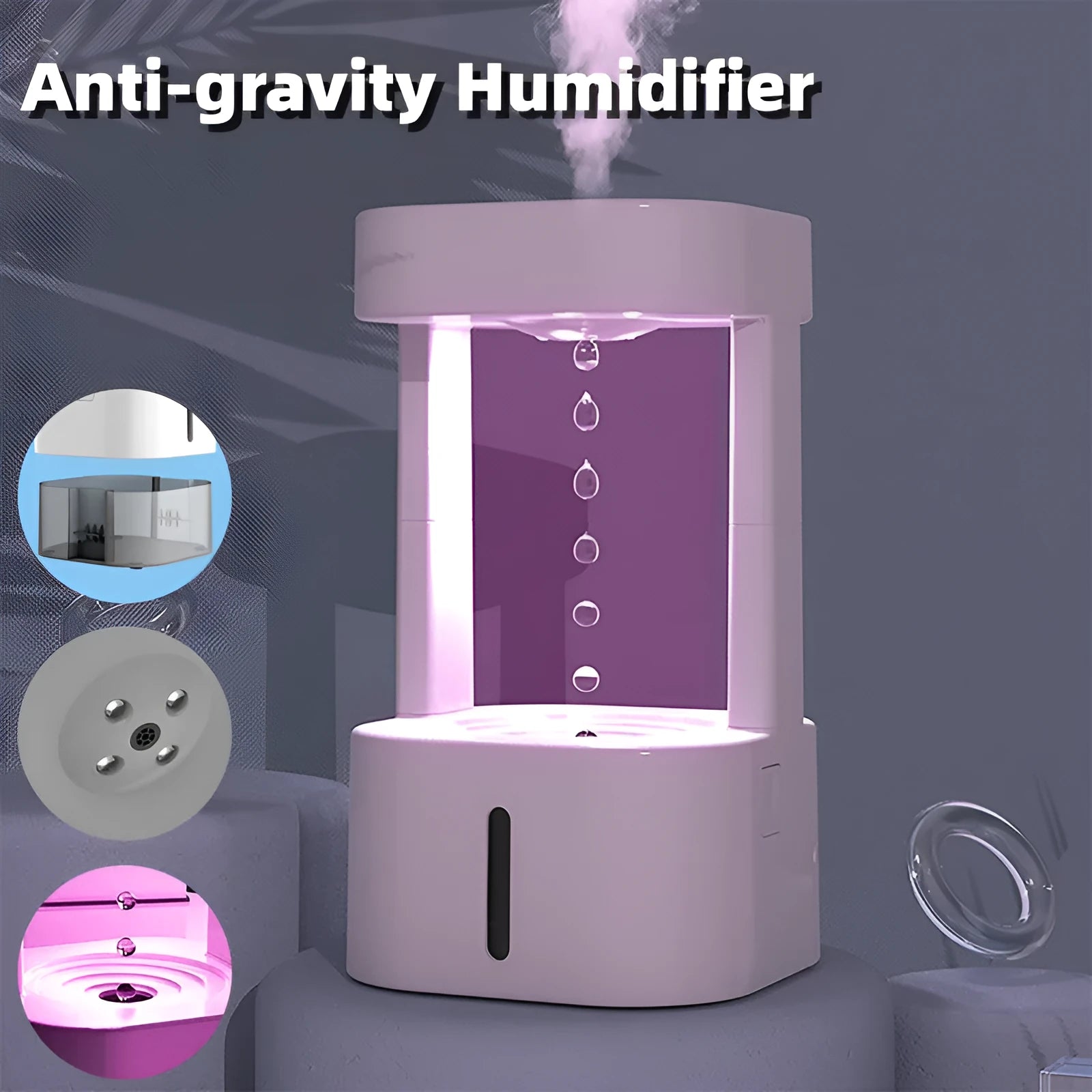 White portable humidifier with anti-gravity water droplet illusion and 580ml transparent tank