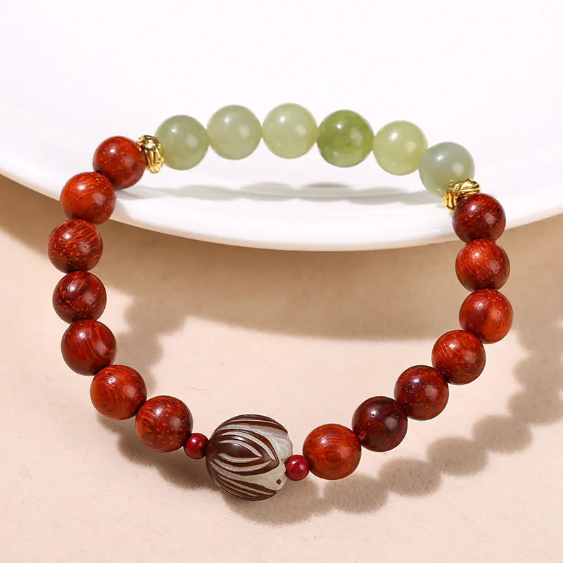 Red rosewood and grey jade Bodhi lotus bracelet with 8mm beads and 12mm charm.