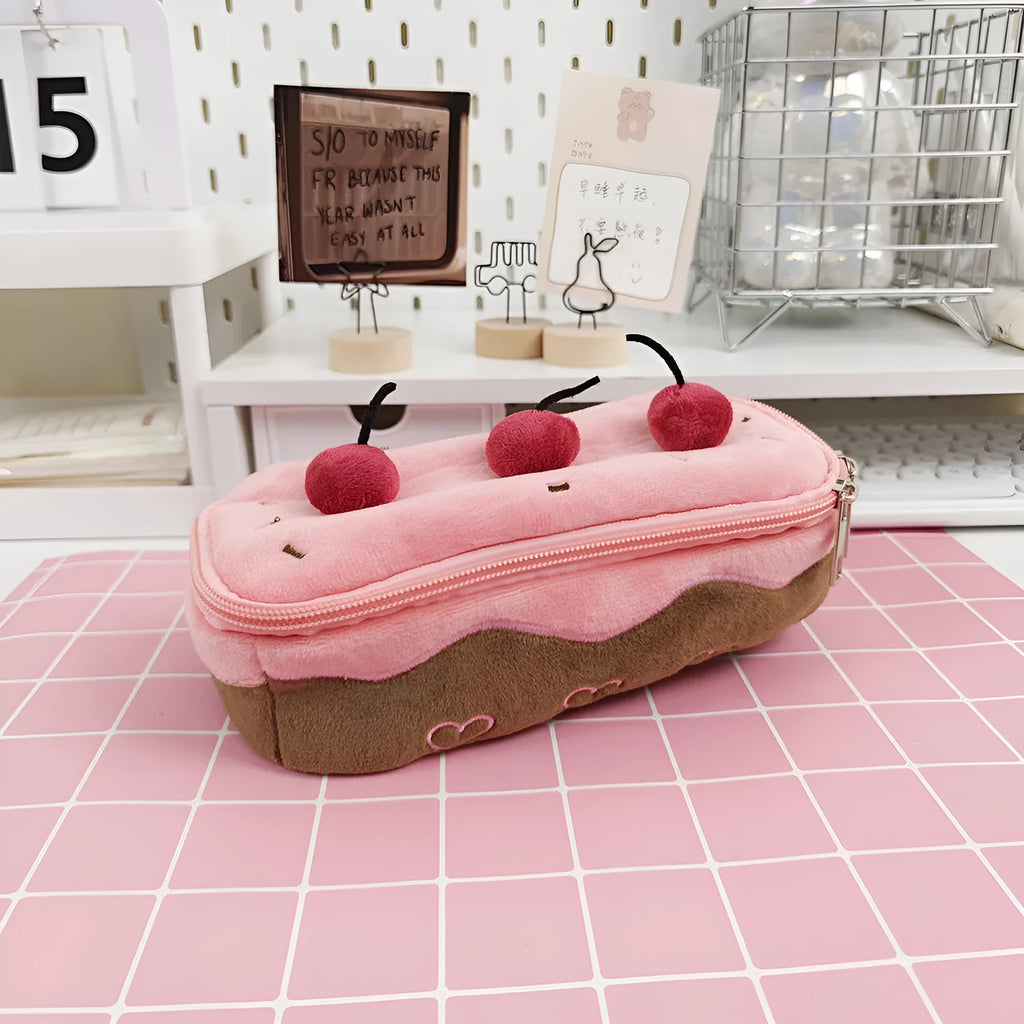 A Cherry Cake themed plush pencil bag made from soft velvet fabric.