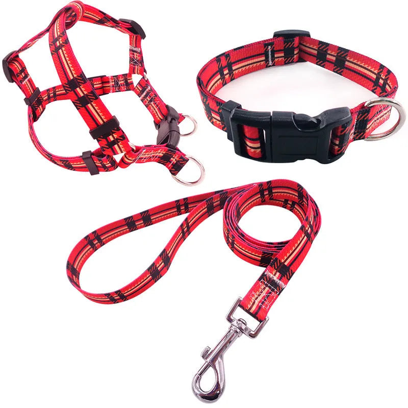 Printed polyester dog walking set with collar, adjustable chest strap and rope leash in multiple colour patterns