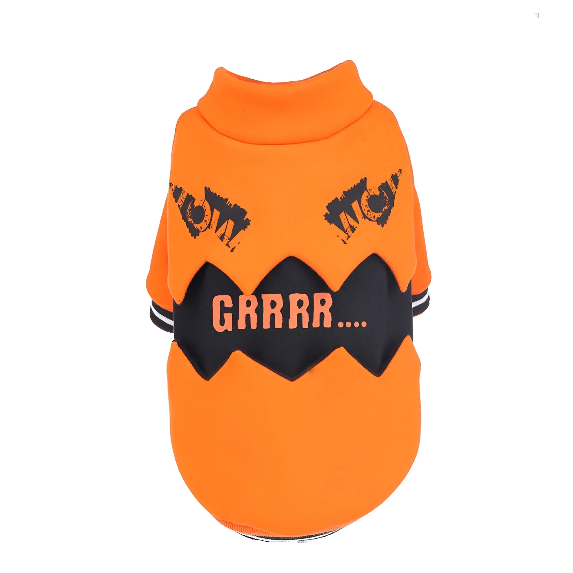 Orange cloth pumpkin costume sweater for dogs in six sizes from XS to XXL on a light background