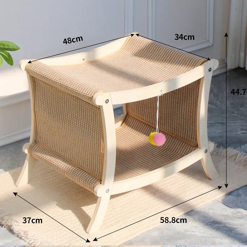 Large double-layer cat nest with solid wood frame and sisal scratch board on top, suitable for cage use