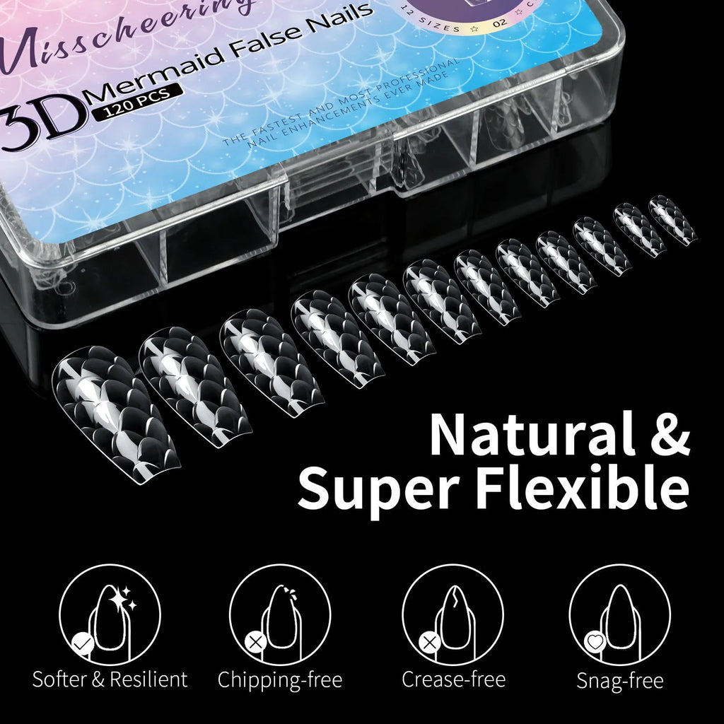 Box of 3D scale long shaping full cover false nail tips for professional nail extensions