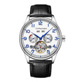 Men's silver stainless steel mechanical watch with white dial and brown leather strap.