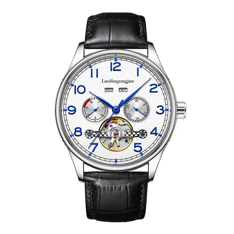Men's silver stainless steel mechanical watch with white dial and brown leather strap.