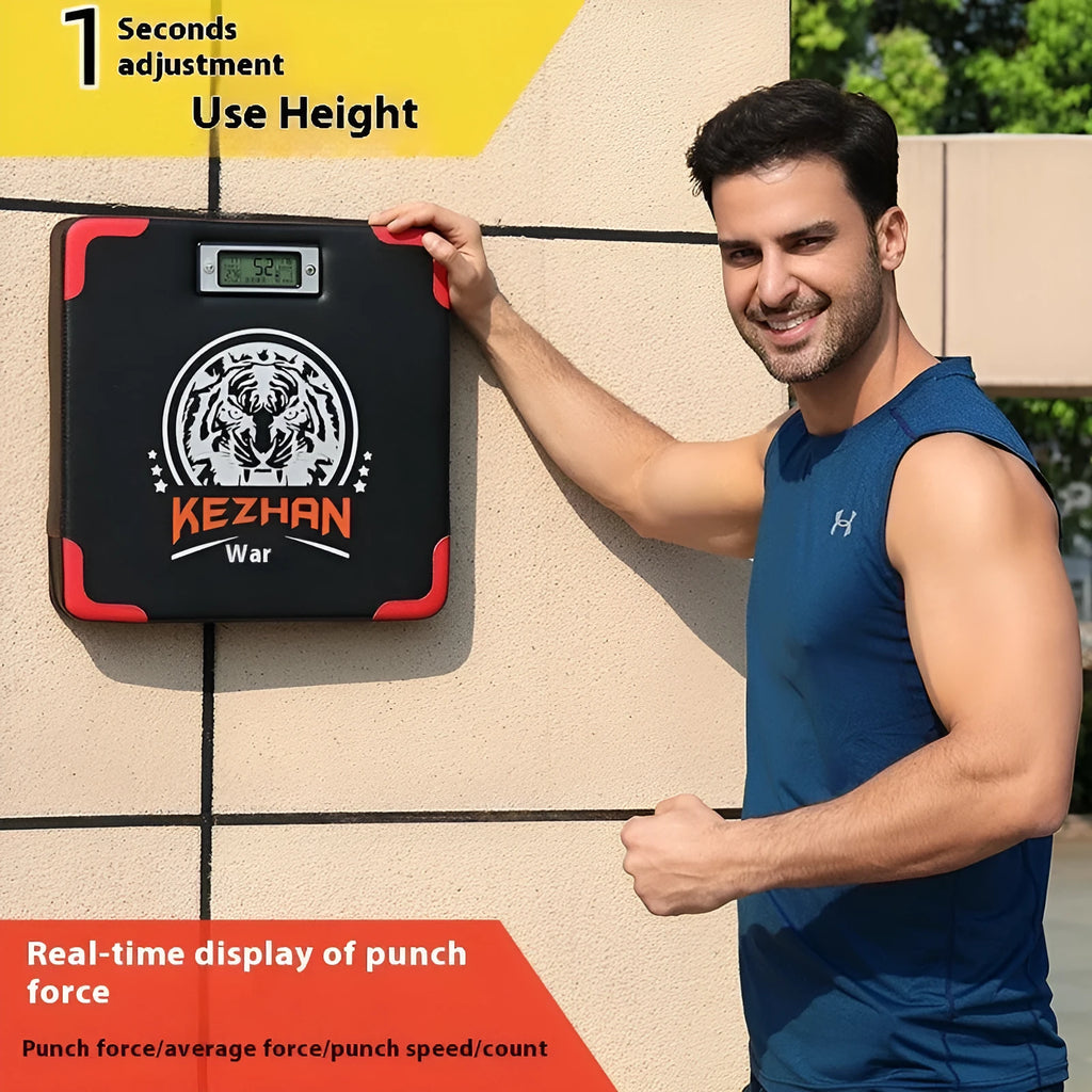 Smart hanging boxing training sandbag with integrated dynamometer unit for punch tracking.