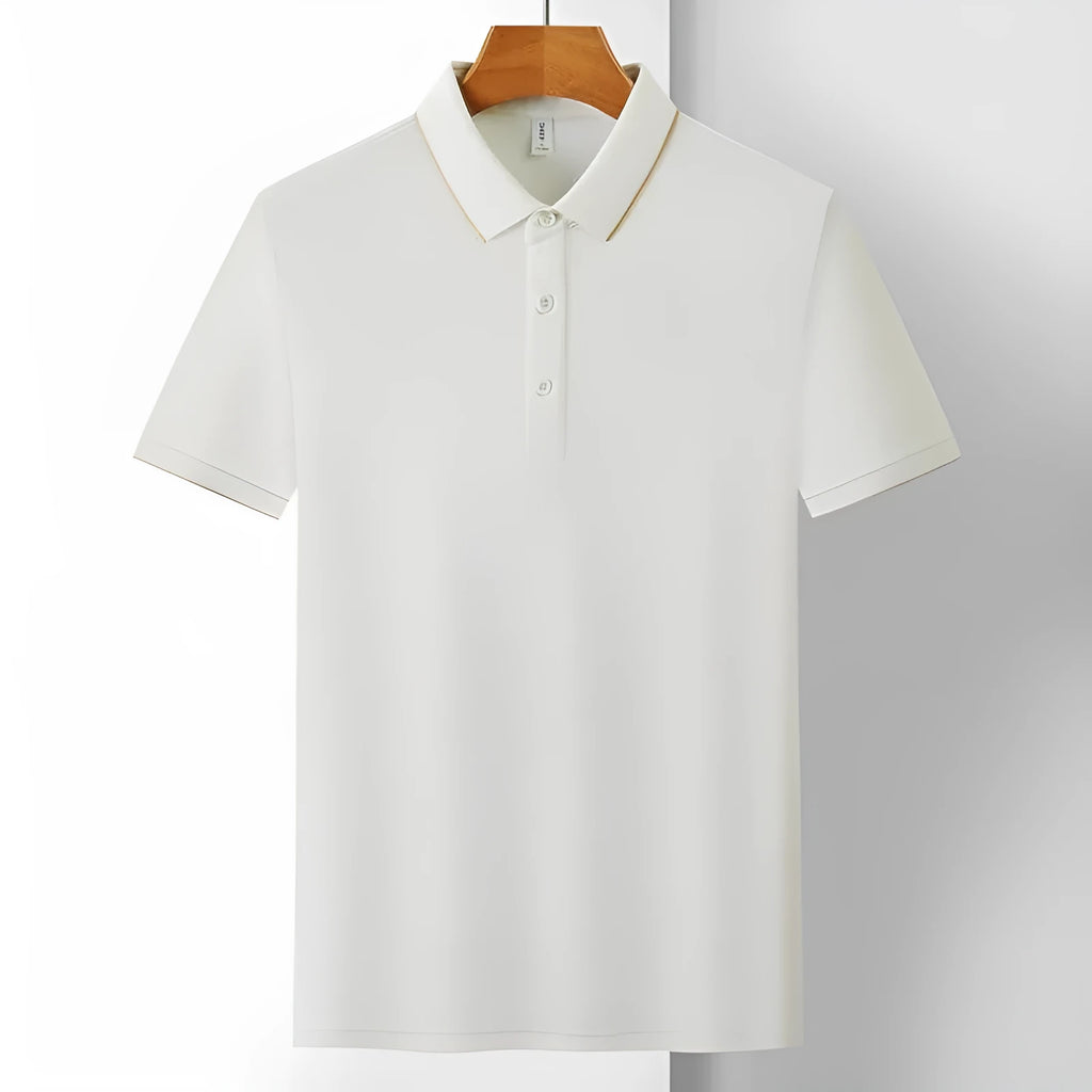 Men's solid colour loose-fit cotton pullover work shirt with short sleeves on a hanger.