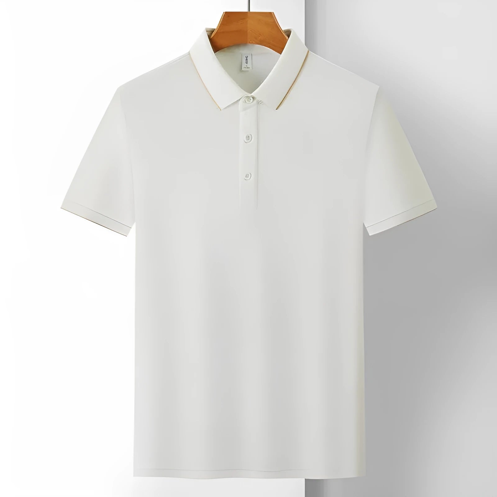 Men's solid colour loose-fit cotton pullover work shirt with short sleeves on a hanger.
