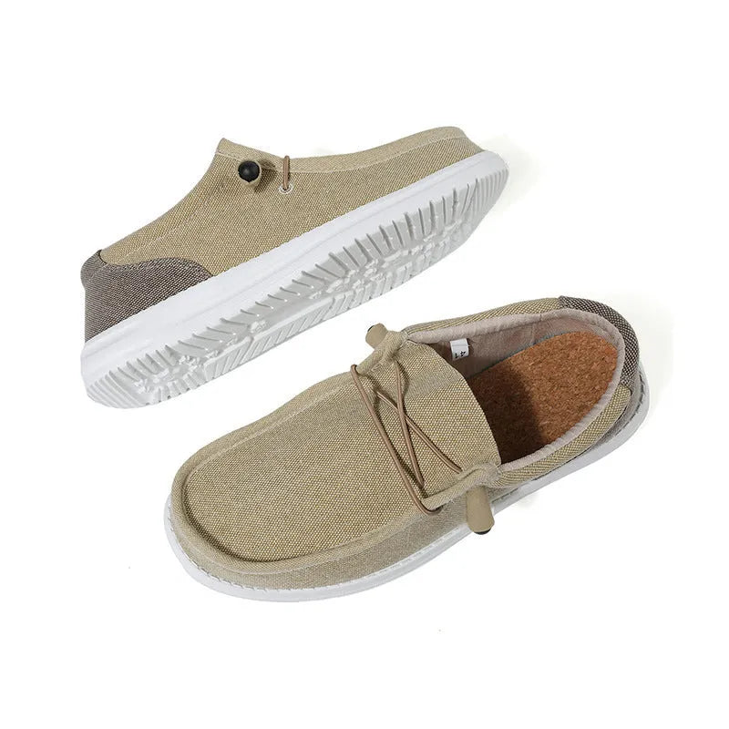 Men's orange and green canvas casual shoes with colourful splicing detail and rubber soles