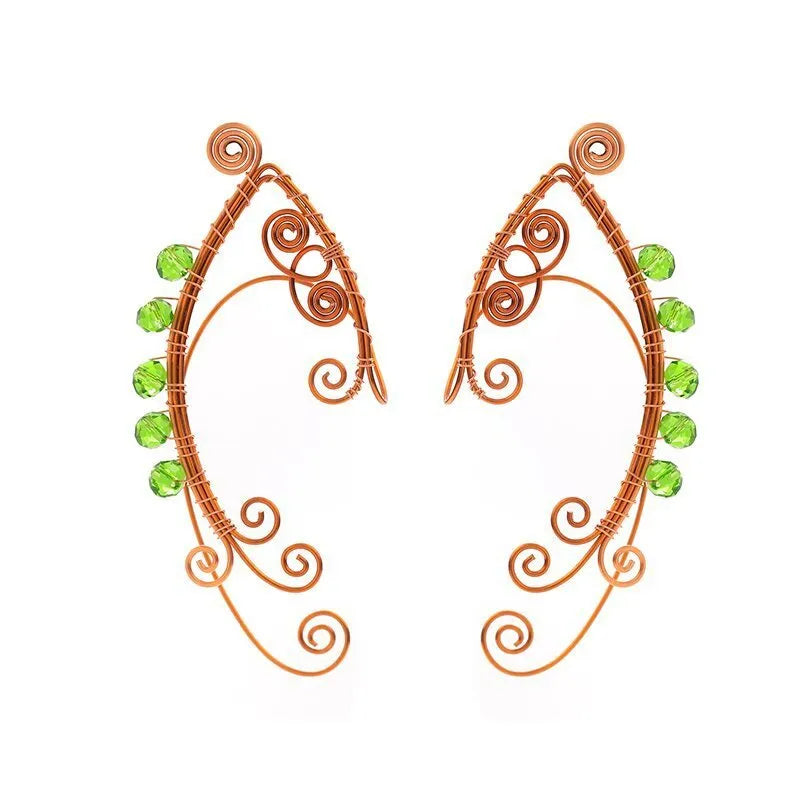 Copper elf ear loop earrings for women, electroplated vintage green geometric design