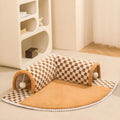 Large XL fan-shaped plush pet bed with a tunnel, in yellow plaid fabric with an anti-slip base.