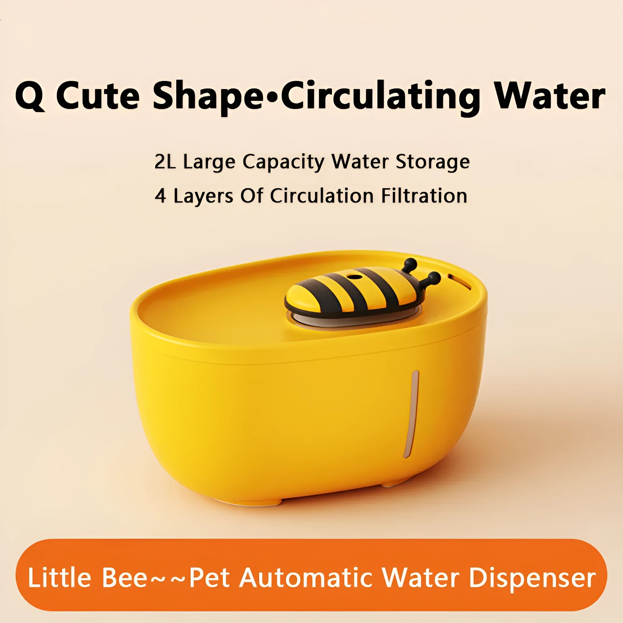 Yellow cat water fountain with filtration system, water pump, observation window, and anti-slip base