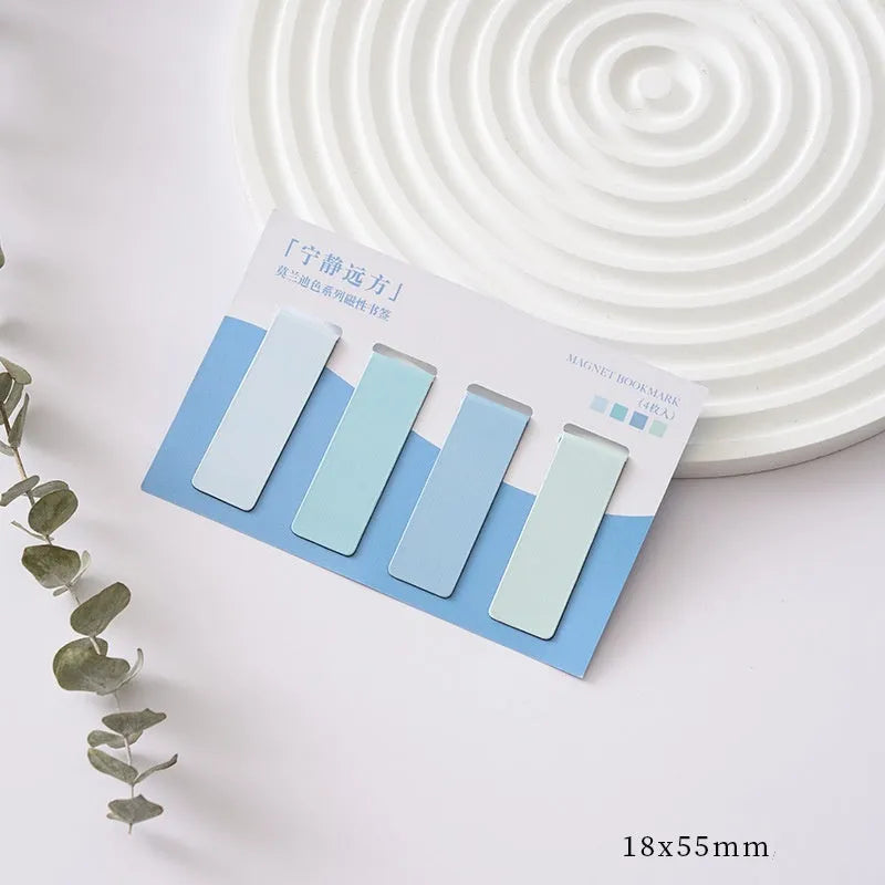 Set of four miniature magnetic bookmarks in Morandi pastel colours: soft evening breeze, lanshan breeze, gentle twilight, and quiet distance.