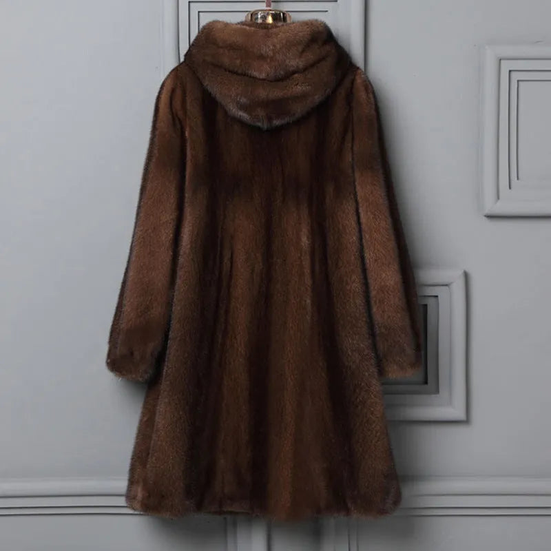 Women's black faux fur hooded coat with regular sleeves for autumn winter street fashion wear