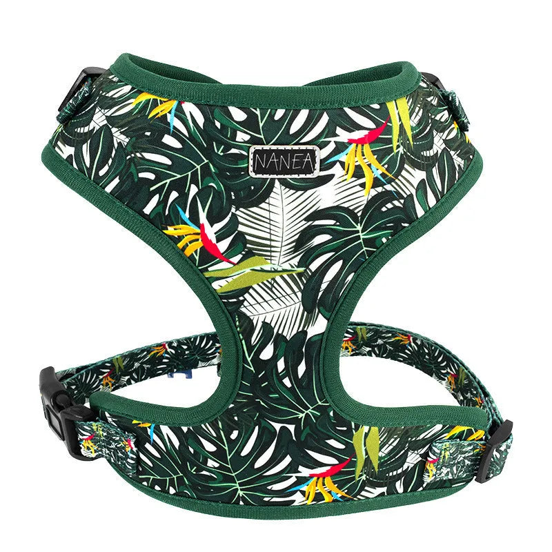 Six-piece adjustable dog harness set with leash, collar, waste bag, bow, and scarf on a blue background.