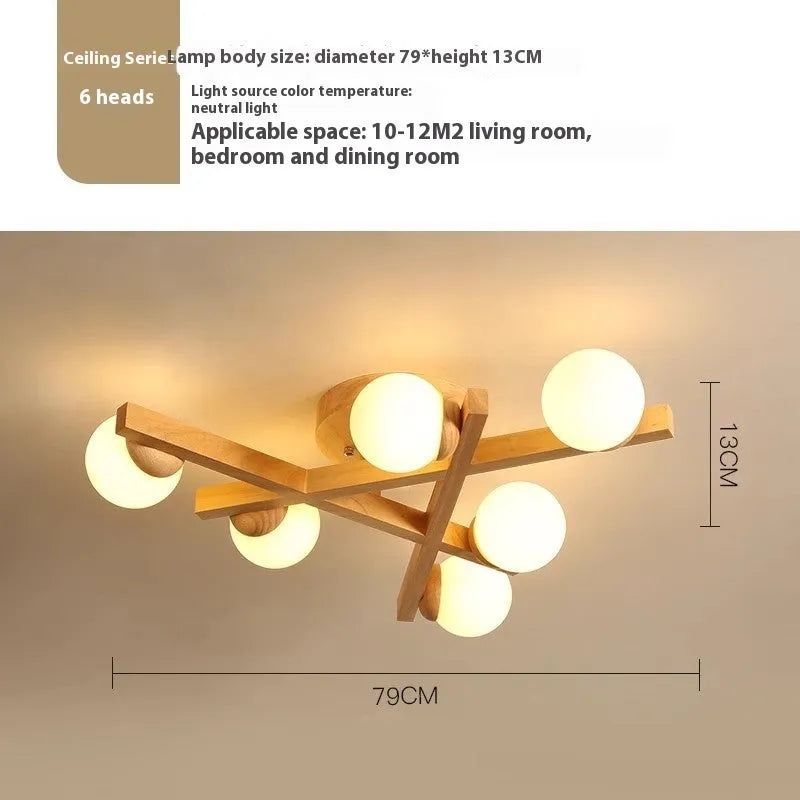 Modern wooden-style ceiling light with three adjustable light heads in a neutral finish