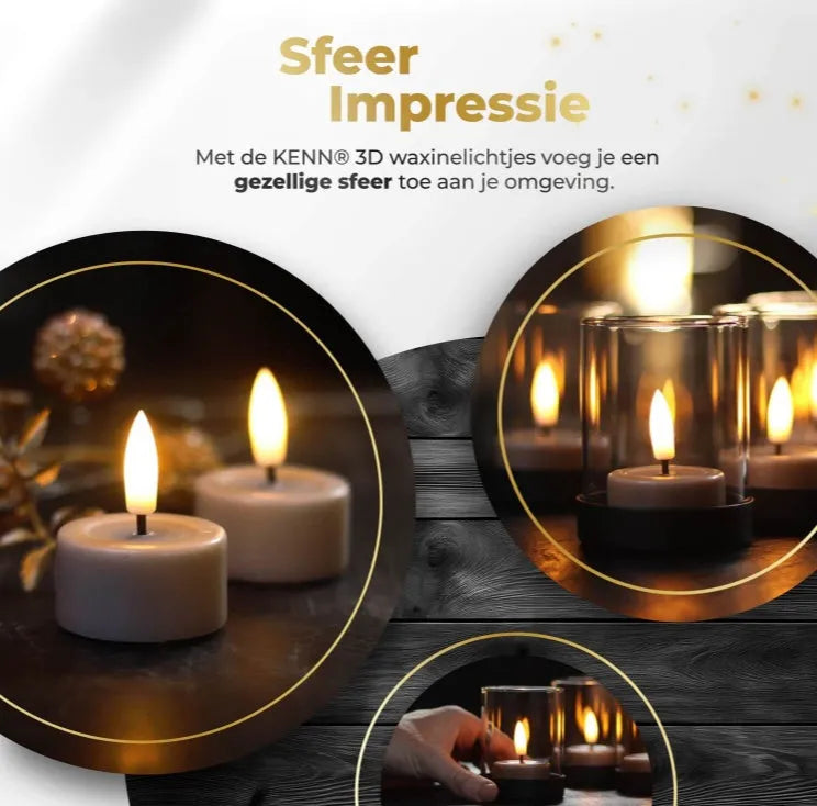 Taupe-coloured LED tealight candle with realistic 3D flickering flame effect on a table.
