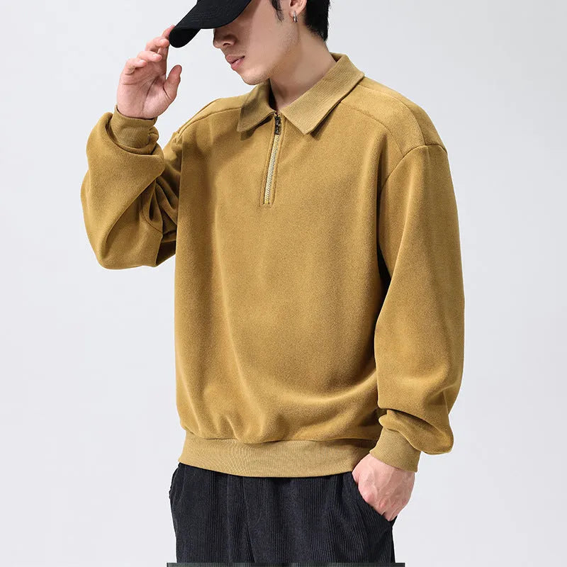 Men's fleece half-zip hoodie in Haze Green, long sleeve winter top with hood and full zip front