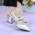 Closed toe women's sandals with chunky high heel in apricot pigskin leather