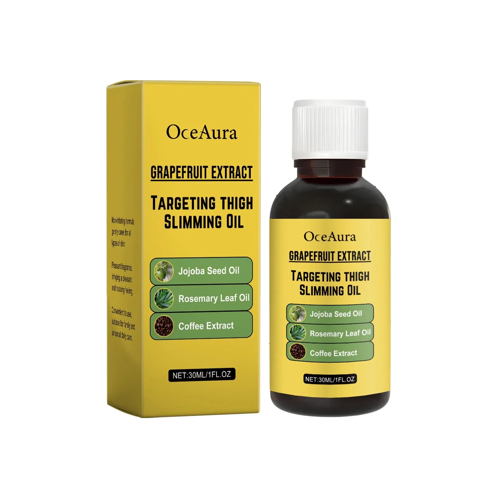 30ml bottle of body treatment oil with grapefruit extract, jojoba and rosemary oils