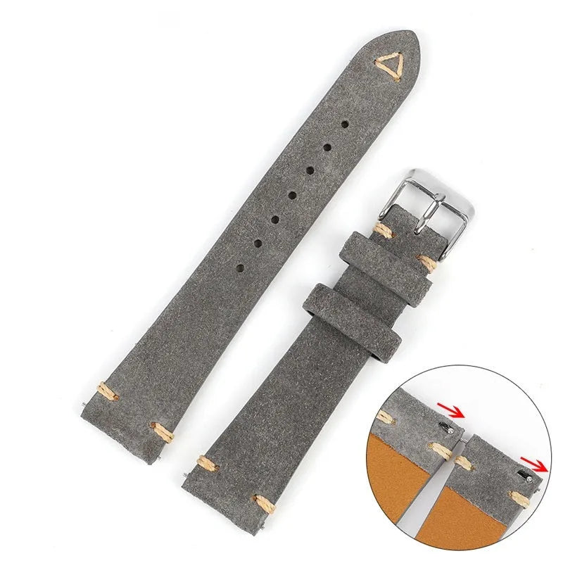 Brown suede leather watch strap with small waist design shown next to blue, grey, and army green colour options.