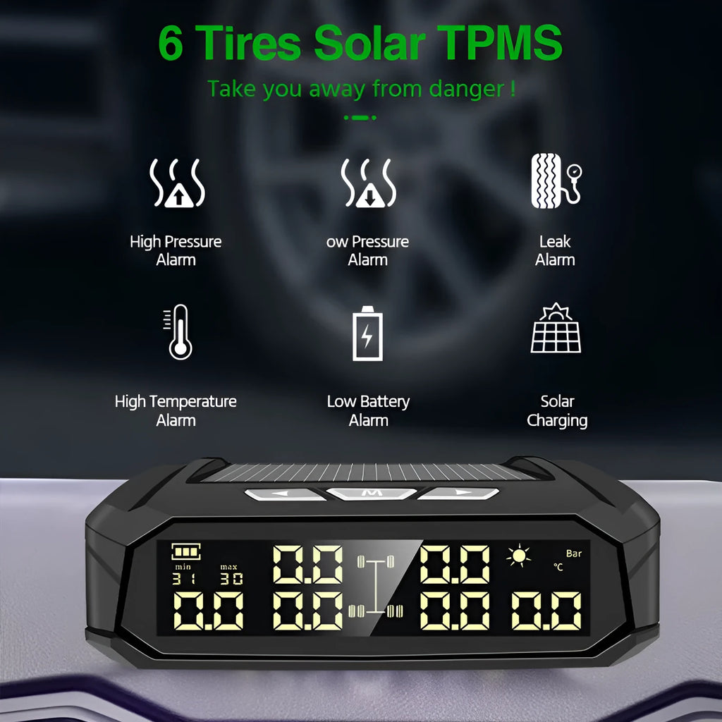 Solar external tyre pressure monitor with colour screen and six sensors for trucks