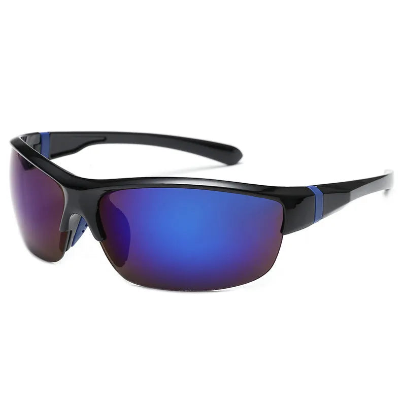 Men's windproof cycling sunglasses with semi-frameless frame and PC lenses in multiple colour options.