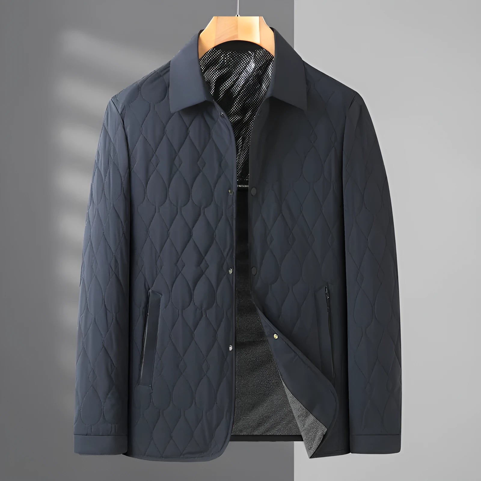 Men's lightweight diamond lattice cotton-padded jacket in black, regular fit, polyester fibre