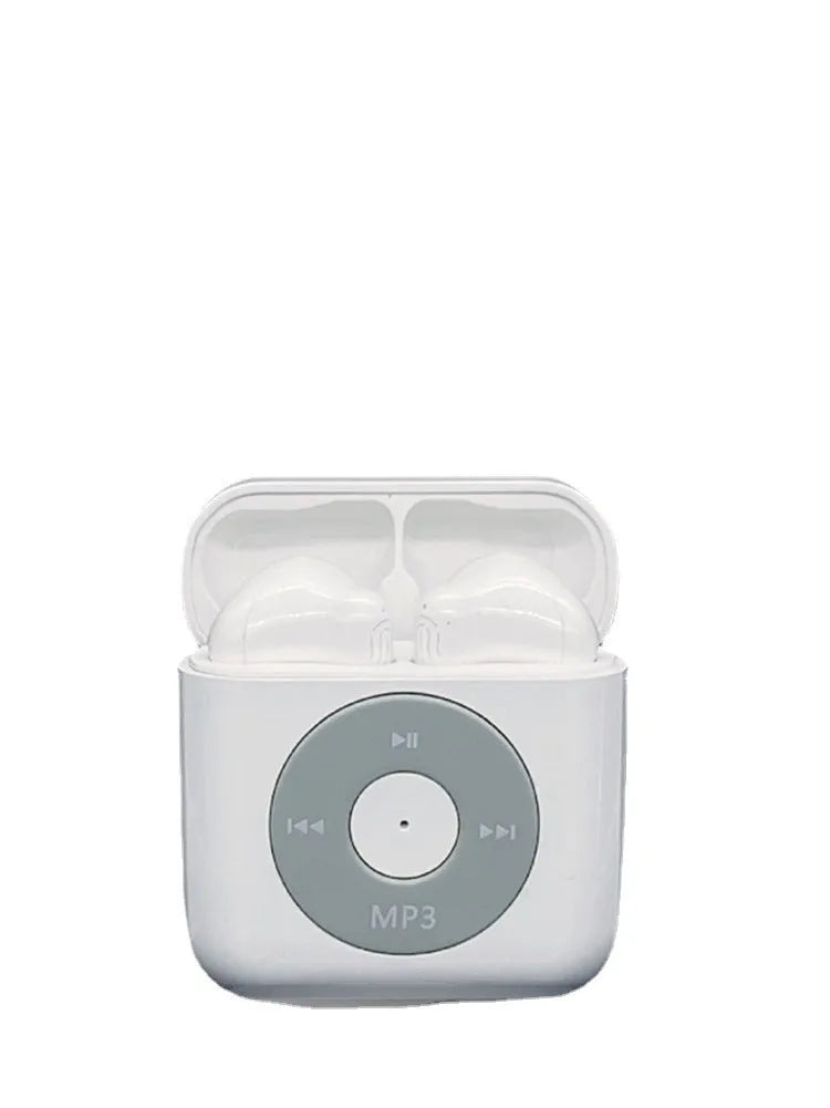 White wireless Bluetooth earphones and matching charging case with 32GB storage on a grey background.