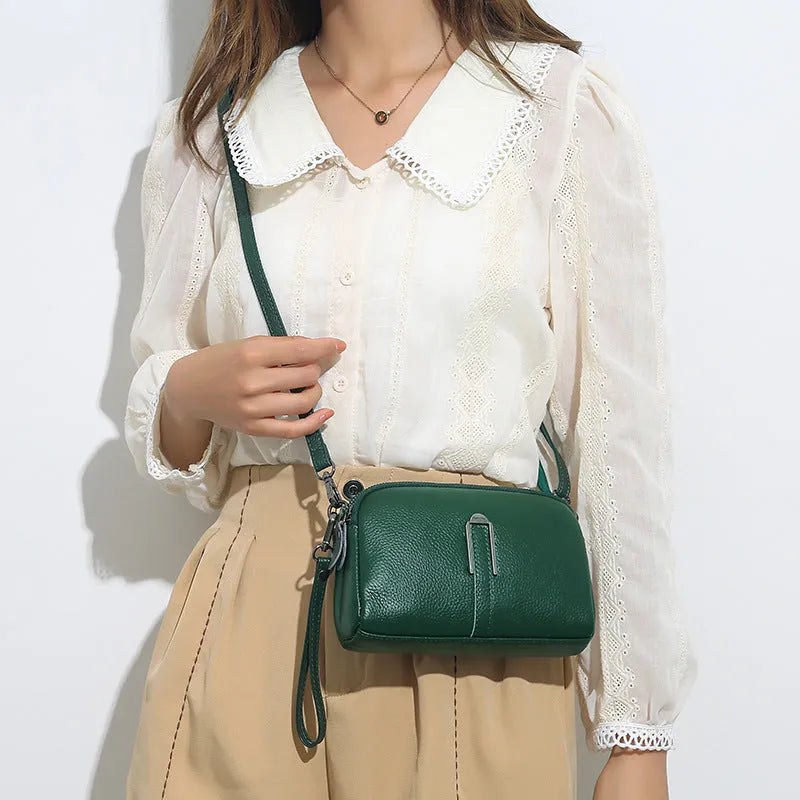 Square horizontal genuine leather women's shoulder bag in dark khaki colour.
