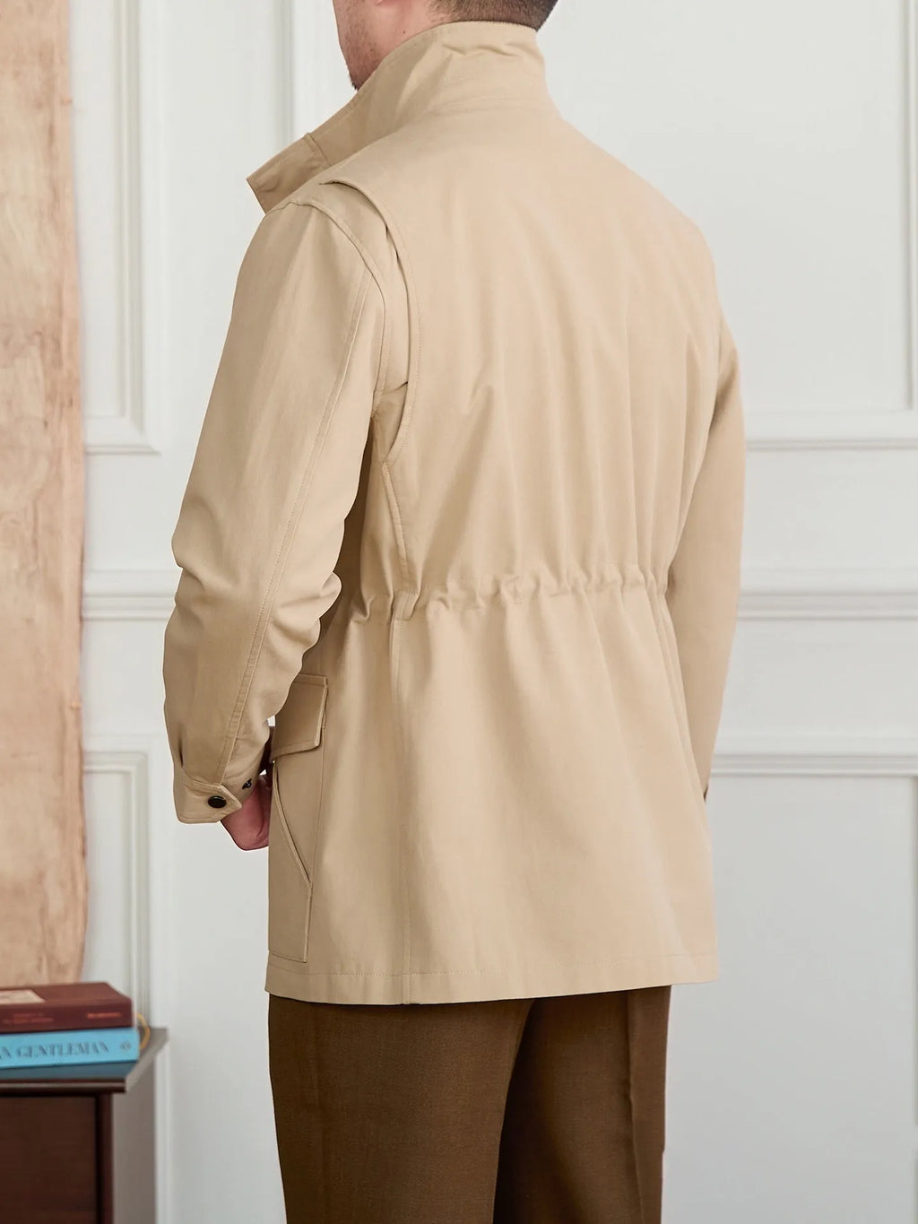 Men's stand collar casual jacket in army green with zipper and waist trimming, cotton lyocell blend