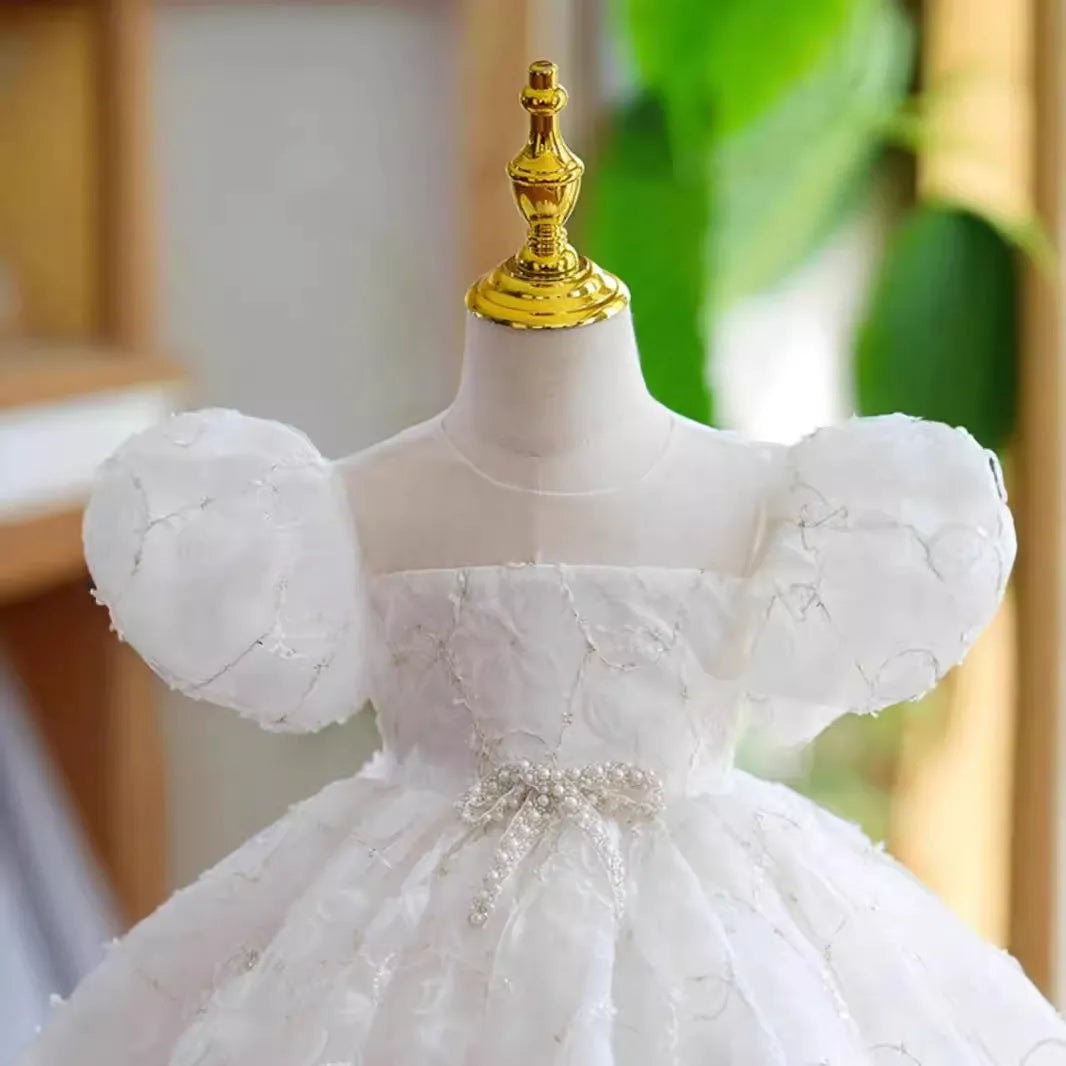 Girls' 100-day birthday party dress beige puff sleeve super fairy princess, white colour option available