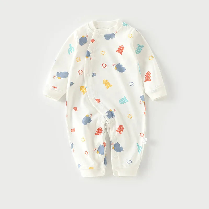 Cotton baby long climb pajamas in a colourful print, shown laid flat, suitable for spring and autumn.
